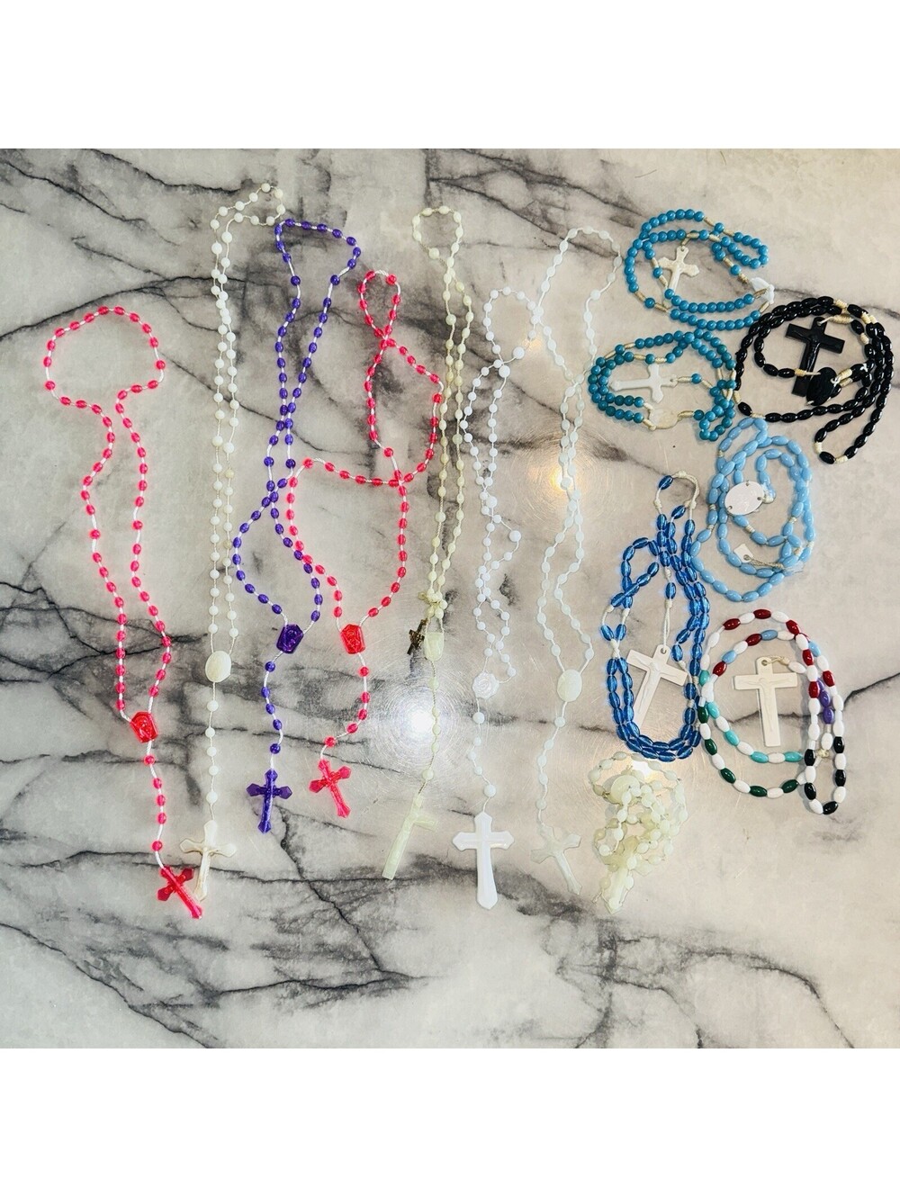Rosary 14 Vintage Plastic  Glow In The Dark Pink Black Blue Green New Used Lot